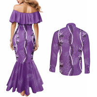 Hawaii Maile Lei Couples Matching Mermaid Dress and Long Sleeve Button Shirt With Violet Monstera Pattern LT05 - Polynesian Pride