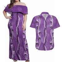 Hawaii Maile Lei Couples Matching Off Shoulder Maxi Dress and Hawaiian Shirt With Violet Monstera Pattern