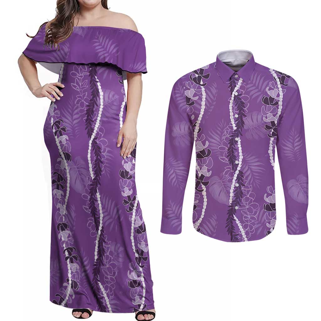 Hawaii Maile Lei Couples Matching Off Shoulder Maxi Dress and Long Sleeve Button Shirt With Violet Monstera Pattern LT05 Violet - Polynesian Pride
