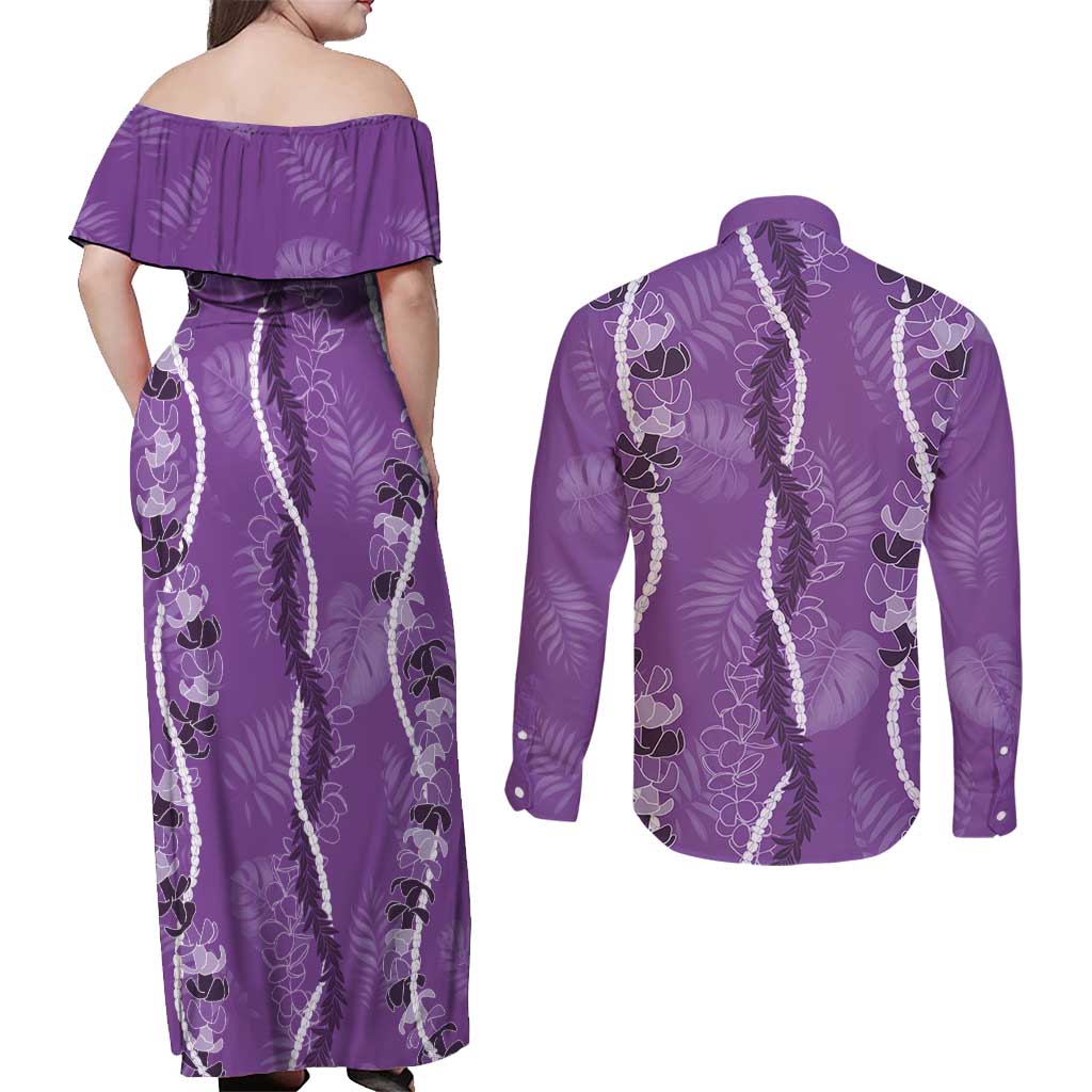 Hawaii Maile Lei Couples Matching Off Shoulder Maxi Dress and Long Sleeve Button Shirt With Violet Monstera Pattern LT05 - Polynesian Pride