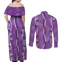 Hawaii Maile Lei Couples Matching Off Shoulder Maxi Dress and Long Sleeve Button Shirt With Violet Monstera Pattern LT05 - Polynesian Pride