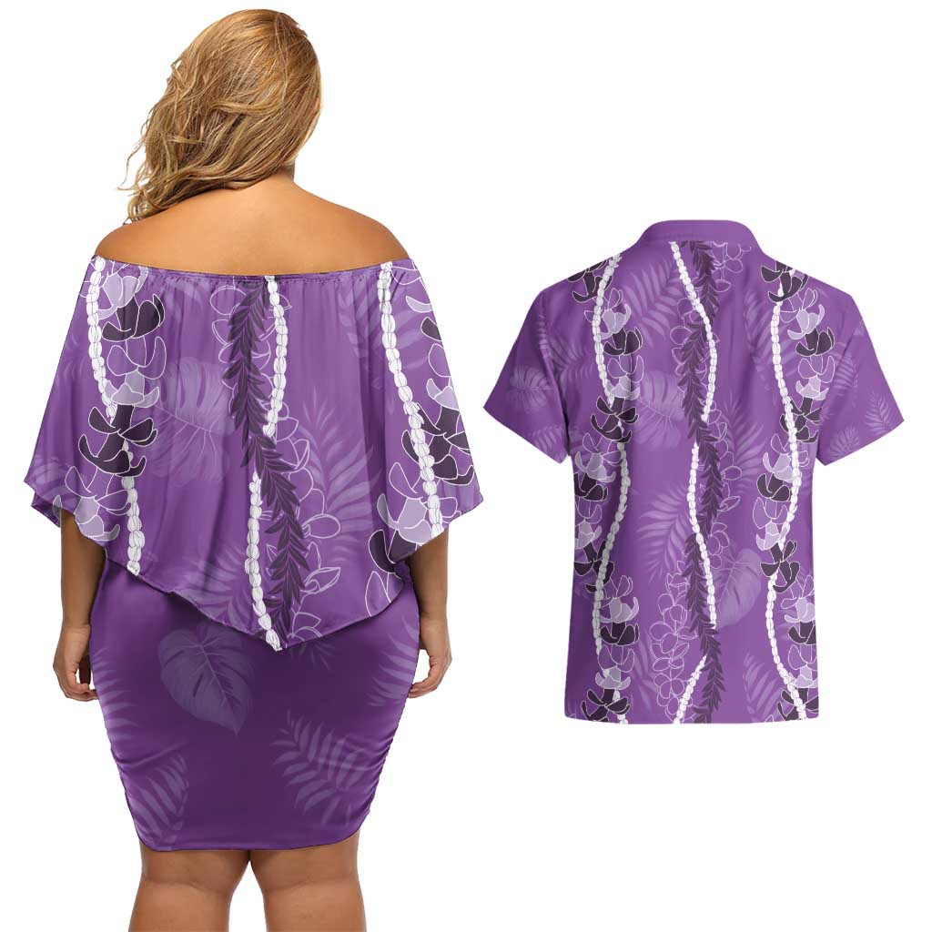 Hawaii Maile Lei Couples Matching Off Shoulder Short Dress and Hawaiian Shirt With Violet Monstera Pattern LT05 - Polynesian Pride