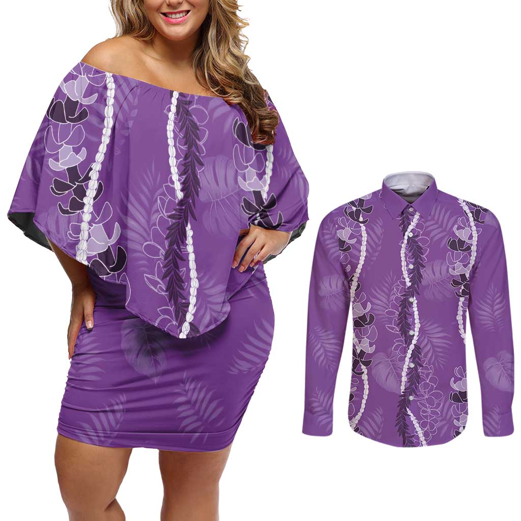Hawaii Maile Lei Couples Matching Off Shoulder Short Dress and Long Sleeve Button Shirt With Violet Monstera Pattern LT05 Violet - Polynesian Pride