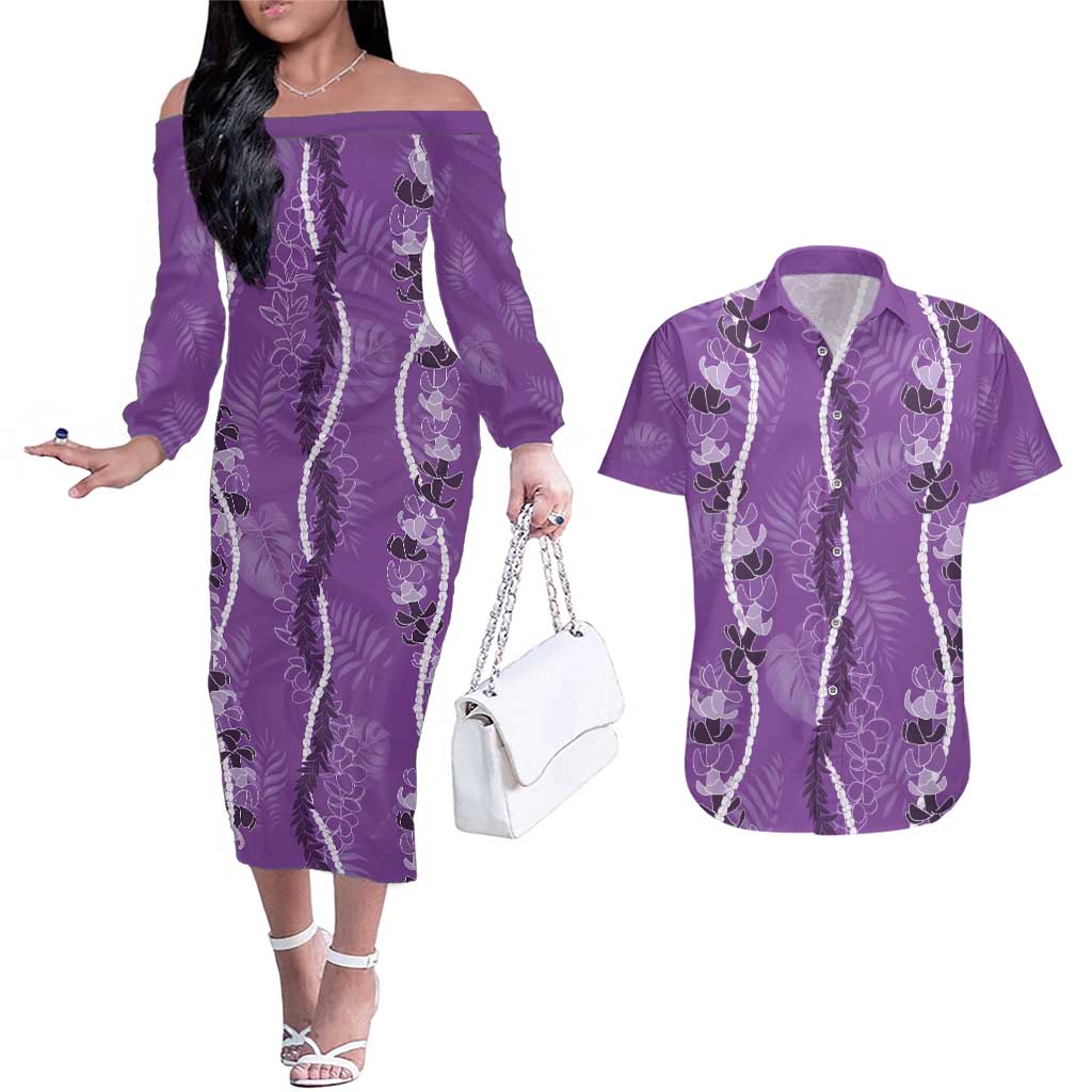 Hawaii Maile Lei Couples Matching Off The Shoulder Long Sleeve Dress and Hawaiian Shirt With Violet Monstera Pattern LT05 Violet - Polynesian Pride