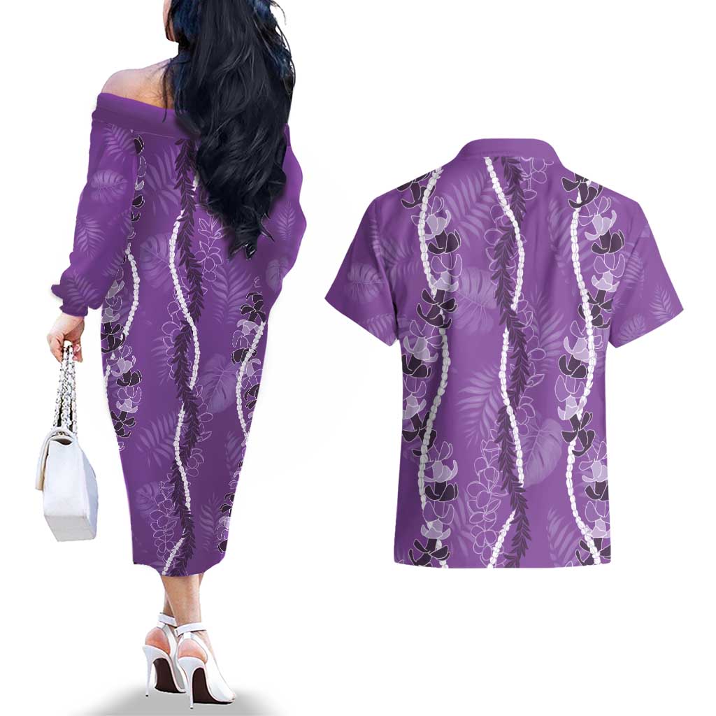 Hawaii Maile Lei Couples Matching Off The Shoulder Long Sleeve Dress and Hawaiian Shirt With Violet Monstera Pattern LT05 - Polynesian Pride