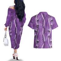 Hawaii Maile Lei Couples Matching Off The Shoulder Long Sleeve Dress and Hawaiian Shirt With Violet Monstera Pattern LT05 - Polynesian Pride