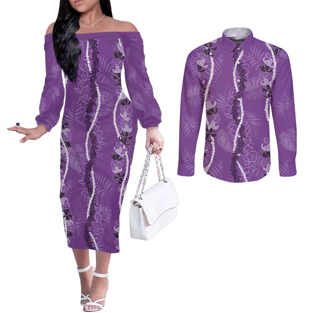 Hawaii Maile Lei Couples Matching Off The Shoulder Long Sleeve Dress and Long Sleeve Button Shirt With Violet Monstera Pattern LT05 Violet - Polynesian Pride
