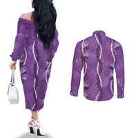Hawaii Maile Lei Couples Matching Off The Shoulder Long Sleeve Dress and Long Sleeve Button Shirt With Violet Monstera Pattern LT05 - Polynesian Pride