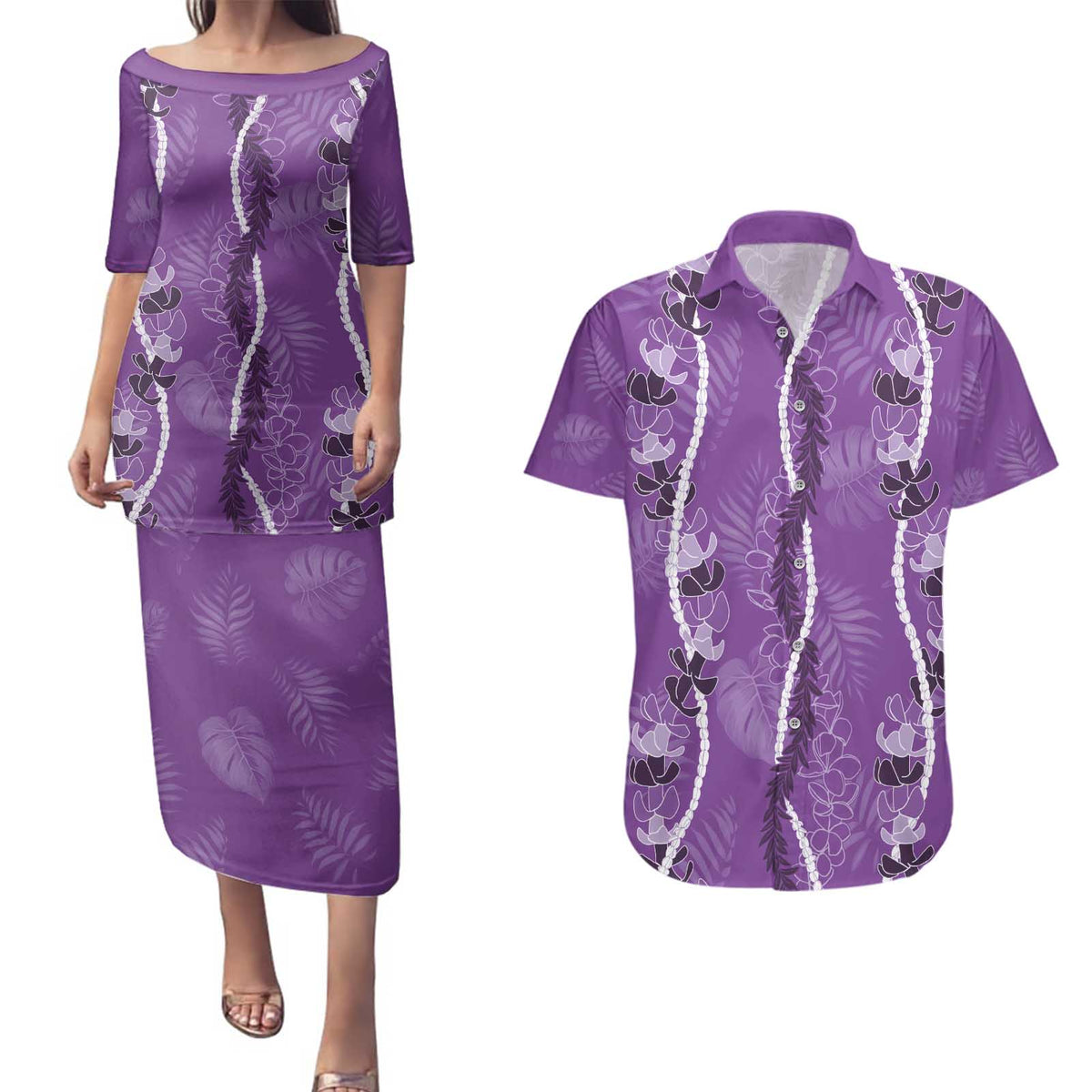 Hawaii Maile Lei Couples Matching Puletasi and Hawaiian Shirt With Violet Monstera Pattern LT05 Violet - Polynesian Pride