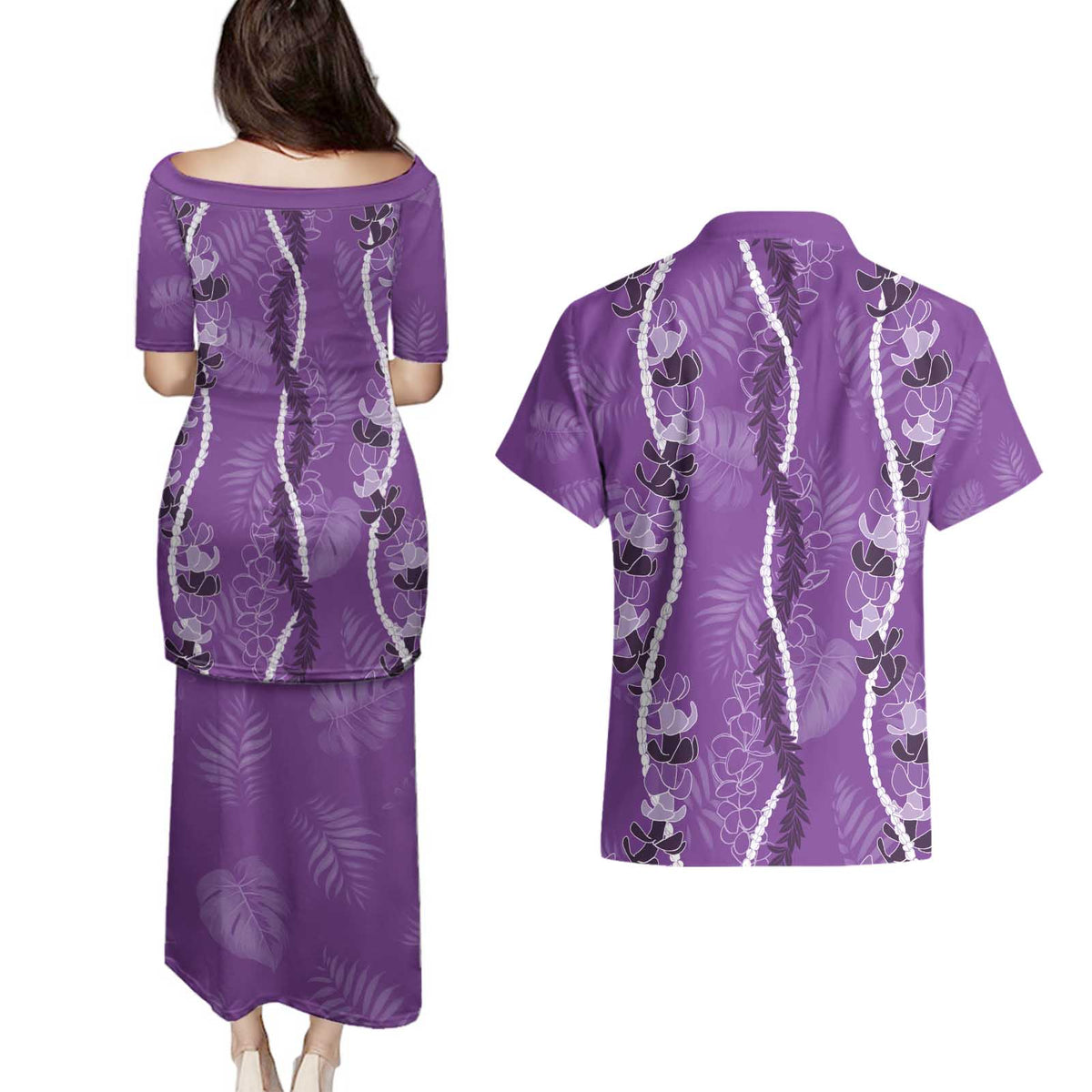 Hawaii Maile Lei Couples Matching Puletasi and Hawaiian Shirt With Violet Monstera Pattern LT05 - Polynesian Pride