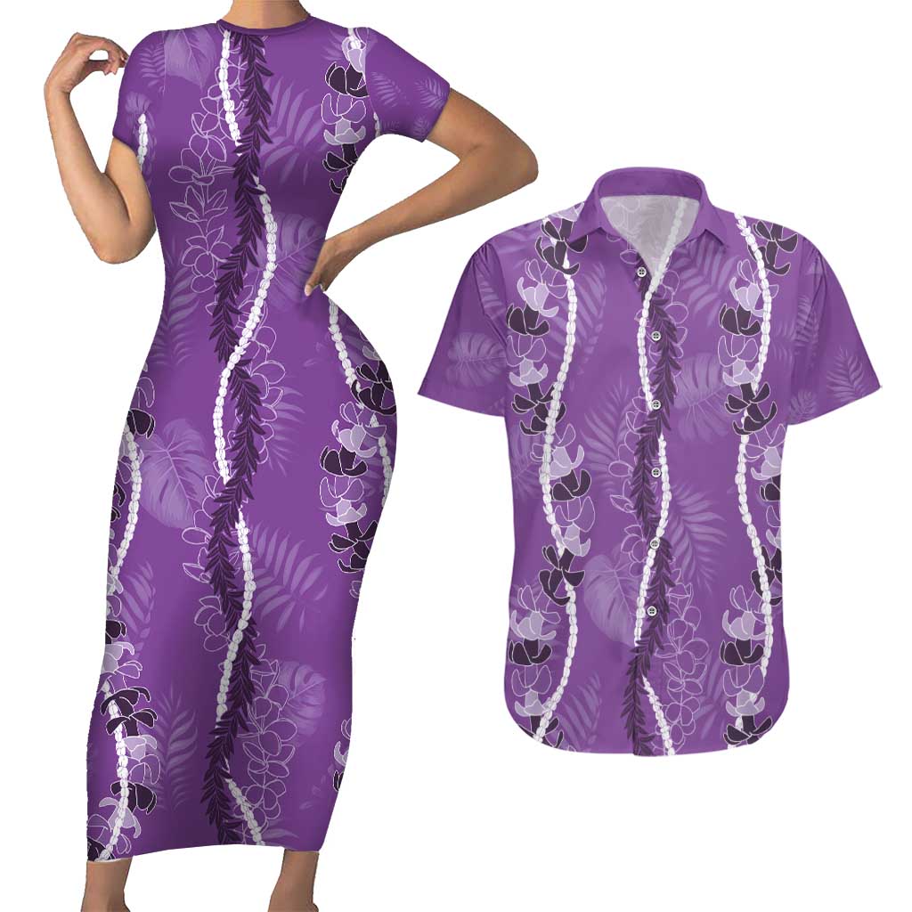 Hawaii Maile Lei Couples Matching Short Sleeve Bodycon Dress and Hawaiian Shirt With Violet Monstera Pattern LT05 Violet - Polynesian Pride