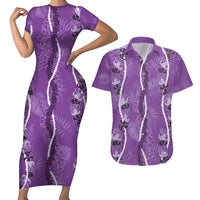 Hawaii Maile Lei Couples Matching Short Sleeve Bodycon Dress and Hawaiian Shirt With Violet Monstera Pattern LT05 Violet - Polynesian Pride