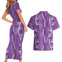 Hawaii Maile Lei Couples Matching Short Sleeve Bodycon Dress and Hawaiian Shirt With Violet Monstera Pattern LT05 - Polynesian Pride