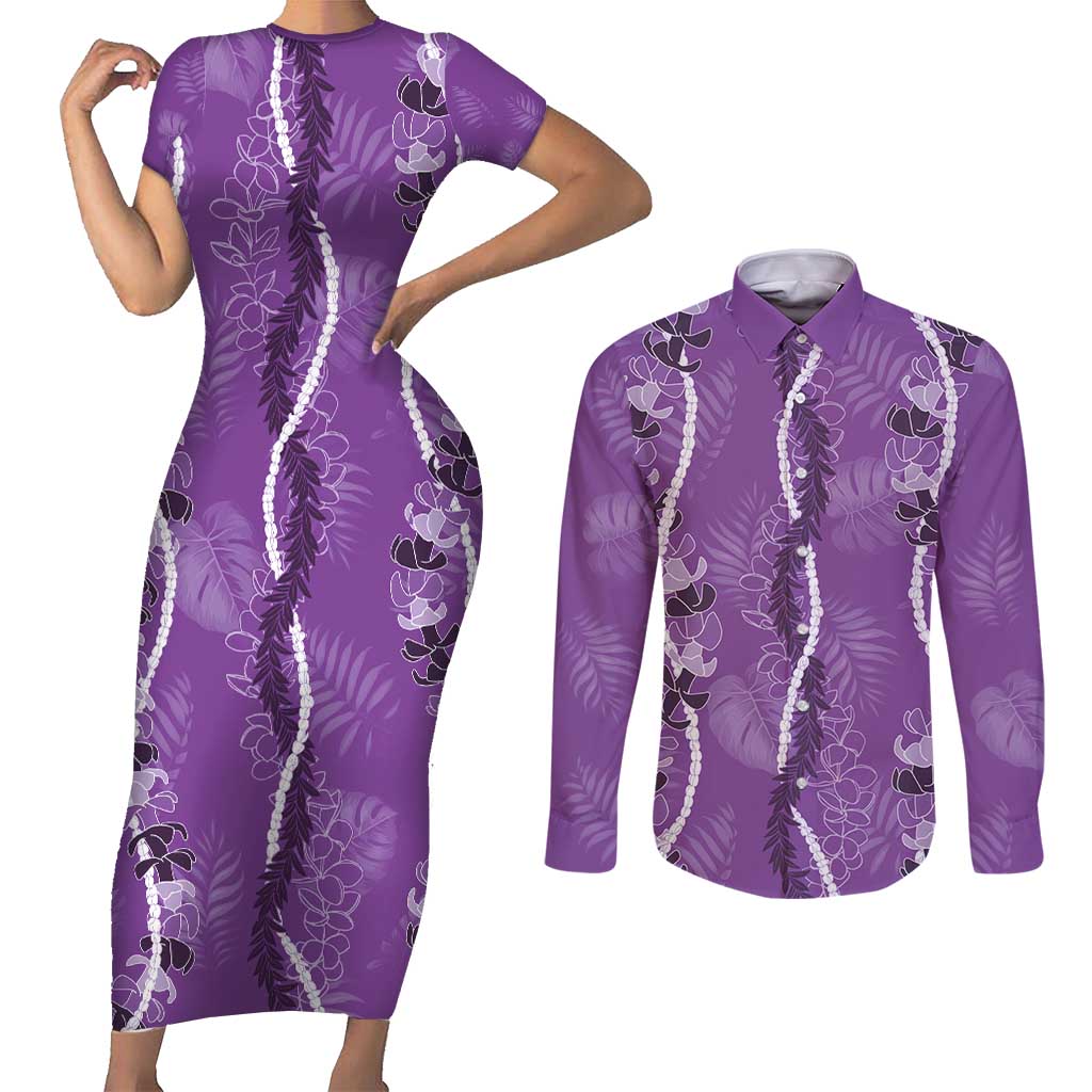 Hawaii Maile Lei Couples Matching Short Sleeve Bodycon Dress and Long Sleeve Button Shirt With Violet Monstera Pattern LT05 Violet - Polynesian Pride