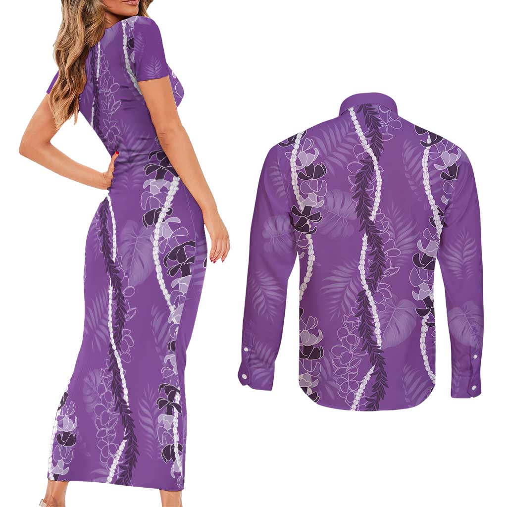 Hawaii Maile Lei Couples Matching Short Sleeve Bodycon Dress and Long Sleeve Button Shirt With Violet Monstera Pattern LT05 - Polynesian Pride