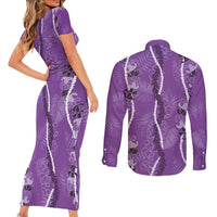 Hawaii Maile Lei Couples Matching Short Sleeve Bodycon Dress and Long Sleeve Button Shirt With Violet Monstera Pattern LT05 - Polynesian Pride
