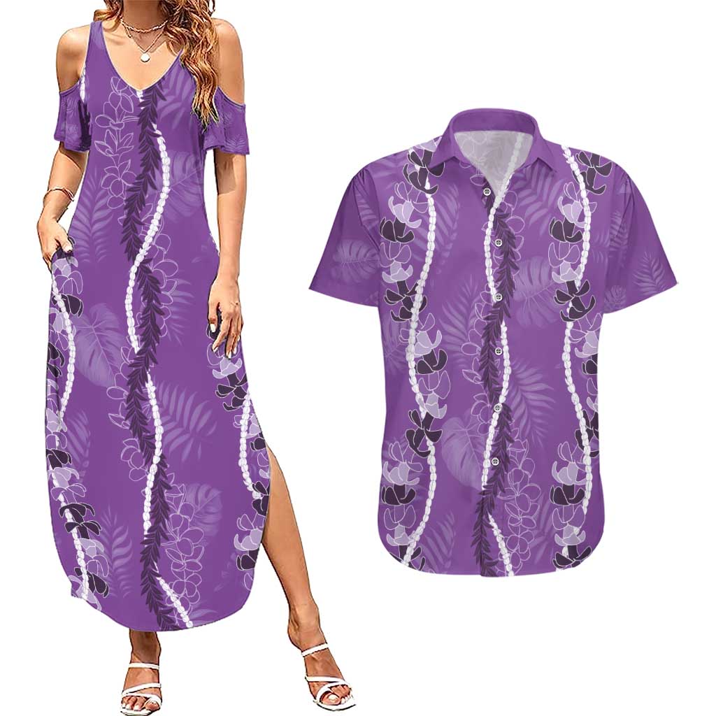 Hawaii Maile Lei Couples Matching Summer Maxi Dress and Hawaiian Shirt With Violet Monstera Pattern LT05 Violet - Polynesian Pride