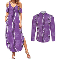 Hawaii Maile Lei Couples Matching Summer Maxi Dress and Long Sleeve Button Shirt With Violet Monstera Pattern LT05 Violet - Polynesian Pride