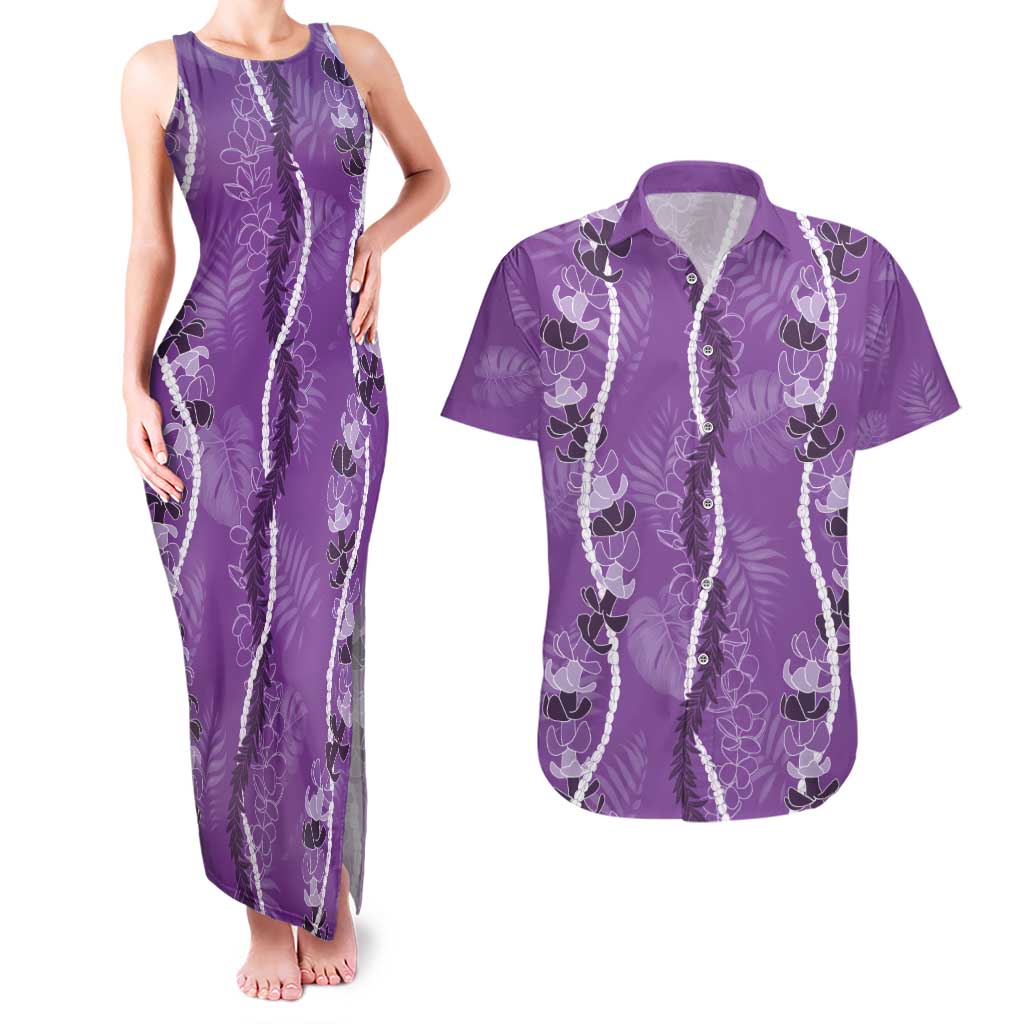 Hawaii Maile Lei Couples Matching Tank Maxi Dress and Hawaiian Shirt With Violet Monstera Pattern LT05 Violet - Polynesian Pride