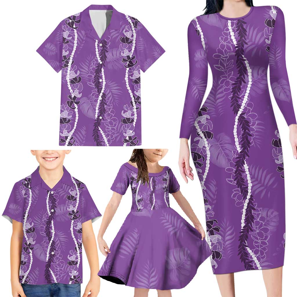 Hawaii Maile Lei Family Matching Long Sleeve Bodycon Dress and Hawaiian Shirt With Violet Monstera Pattern