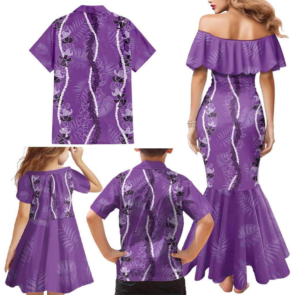 Hawaii Maile Lei Family Matching Mermaid Dress and Hawaiian Shirt With Violet Monstera Pattern