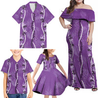 Hawaii Maile Lei Family Matching Off Shoulder Maxi Dress and Hawaiian Shirt With Violet Monstera Pattern