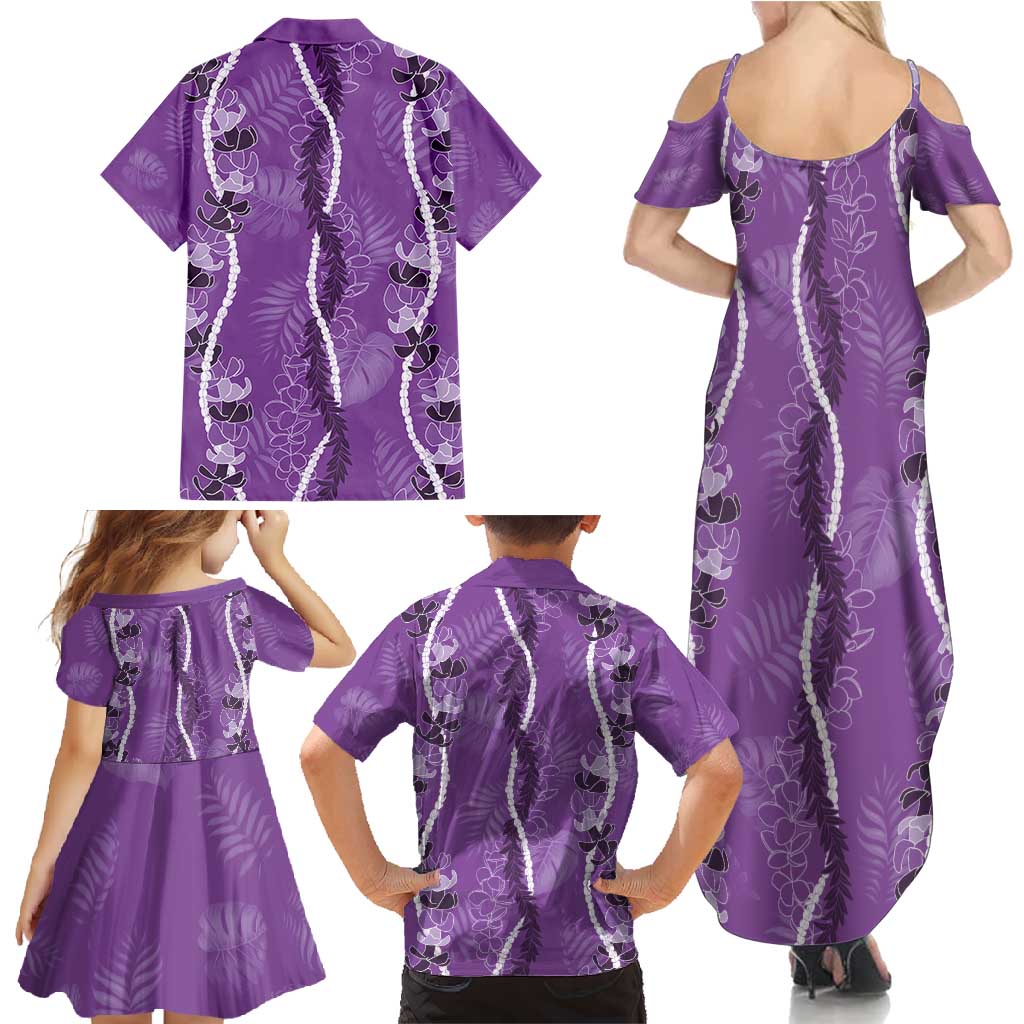 Hawaii Maile Lei Family Matching Summer Maxi Dress and Hawaiian Shirt With Violet Monstera Pattern