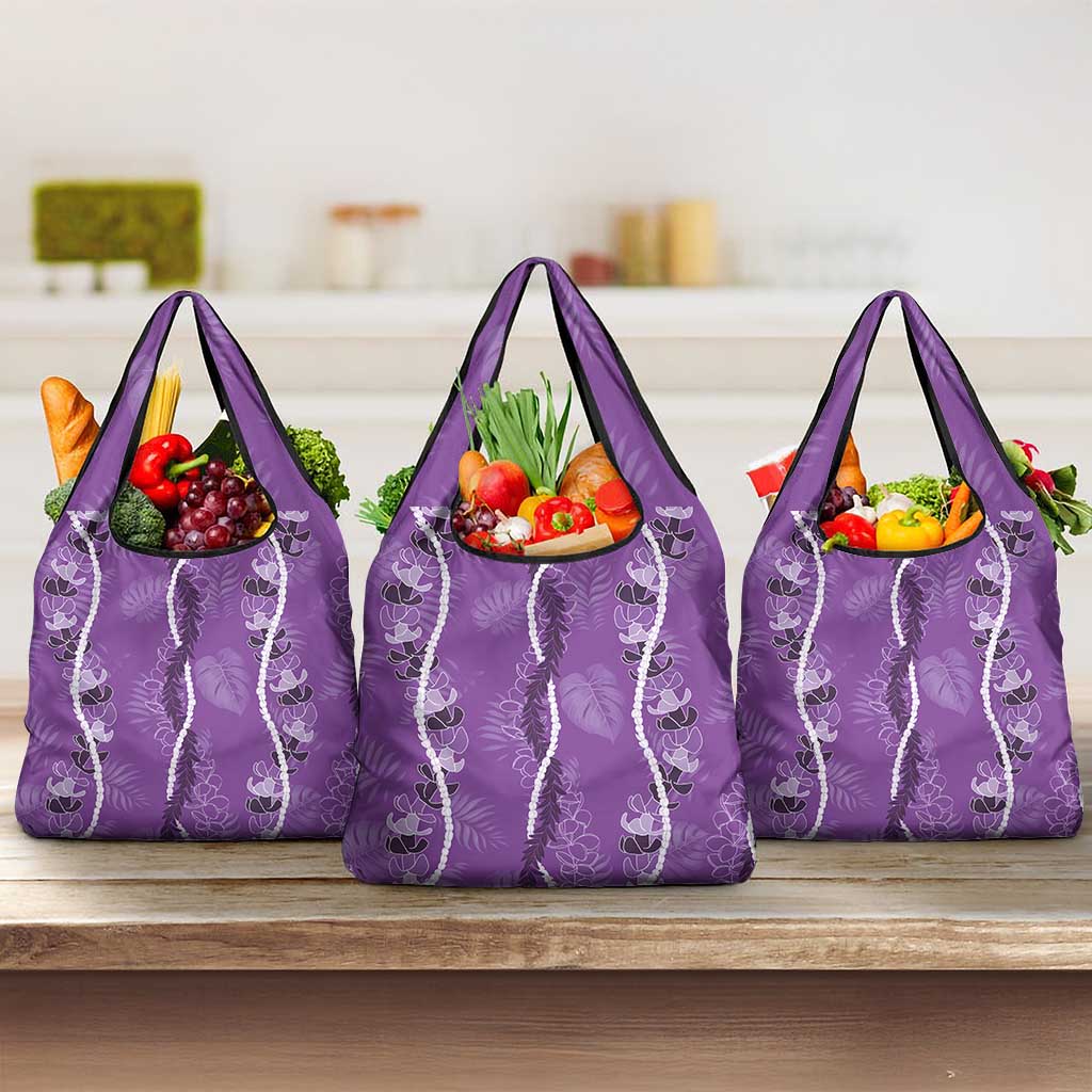 Hawaii Maile Lei Grocery Bag With Violet Monstera Pattern LT05 3-pack One Size Violet - Polynesian Pride