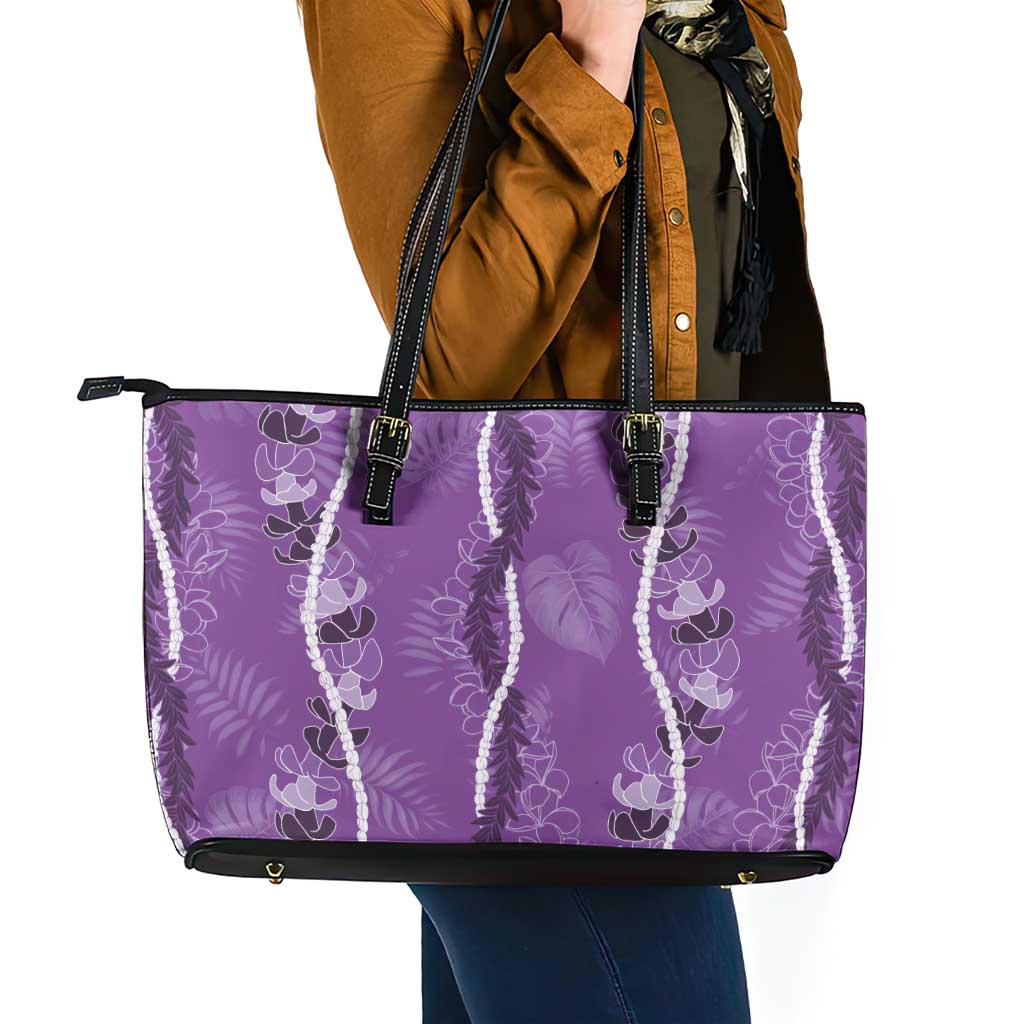Hawaii Maile Lei Leather Tote Bag With Violet Monstera Pattern LT05 - Polynesian Pride