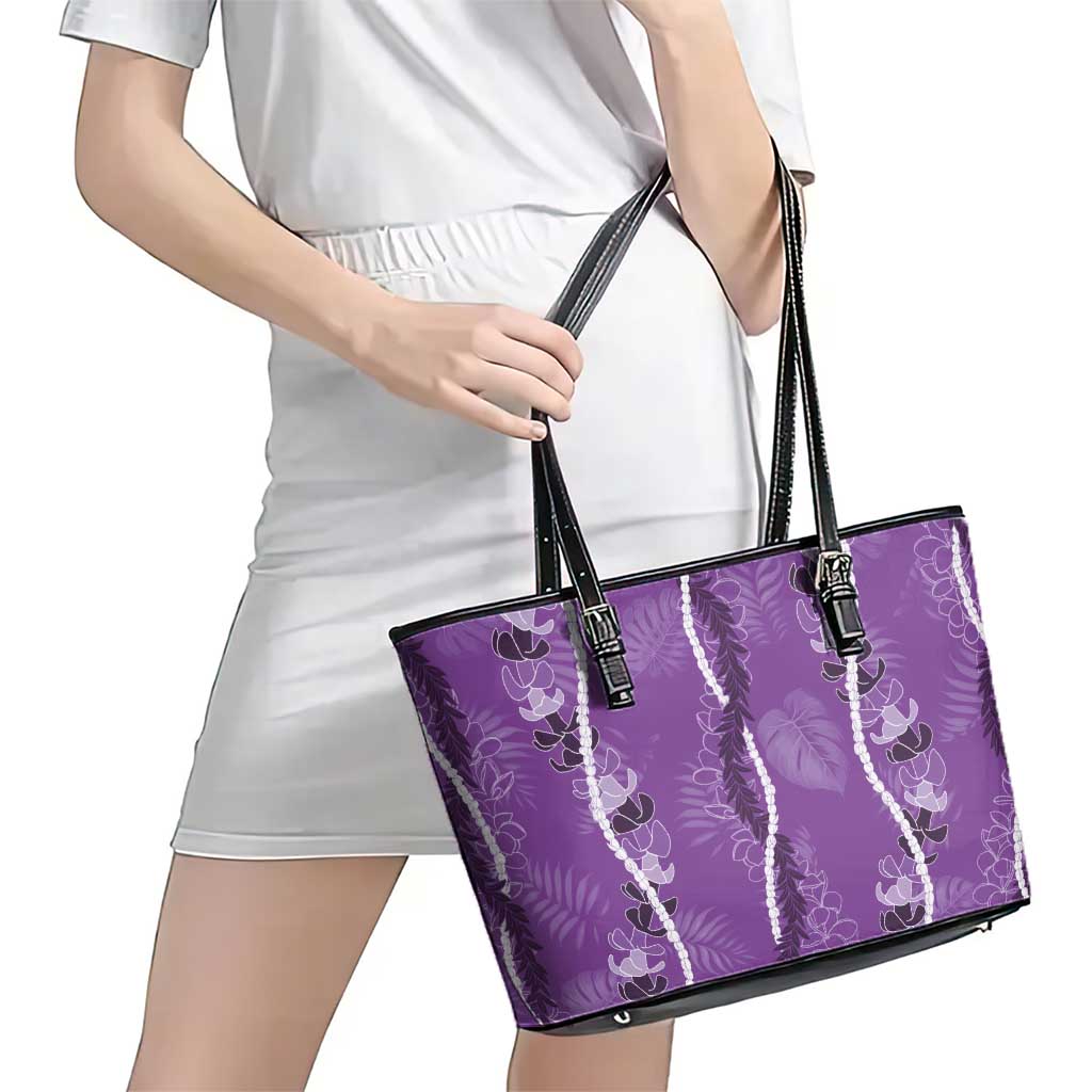 Hawaii Maile Lei Leather Tote Bag With Violet Monstera Pattern LT05 - Polynesian Pride
