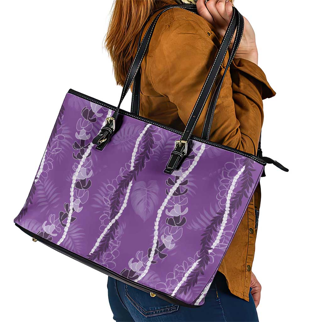 Hawaii Maile Lei Leather Tote Bag With Violet Monstera Pattern LT05 - Polynesian Pride