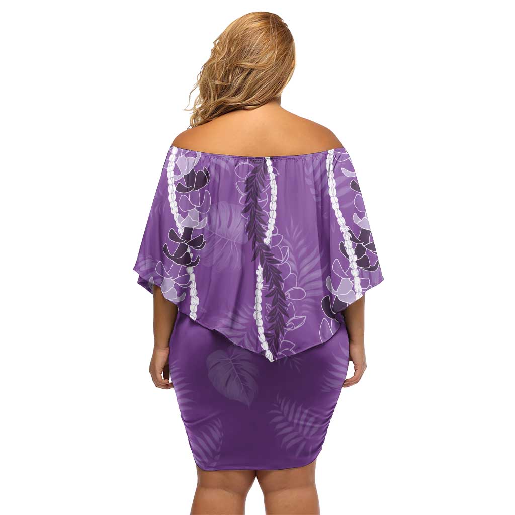 Hawaii Maile Lei Off Shoulder Short Dress With Violet Monstera Pattern LT05 - Polynesian Pride