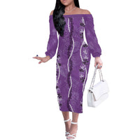 Hawaii Maile Lei Off The Shoulder Long Sleeve Dress With Violet Monstera Pattern LT05 Women Violet - Polynesian Pride