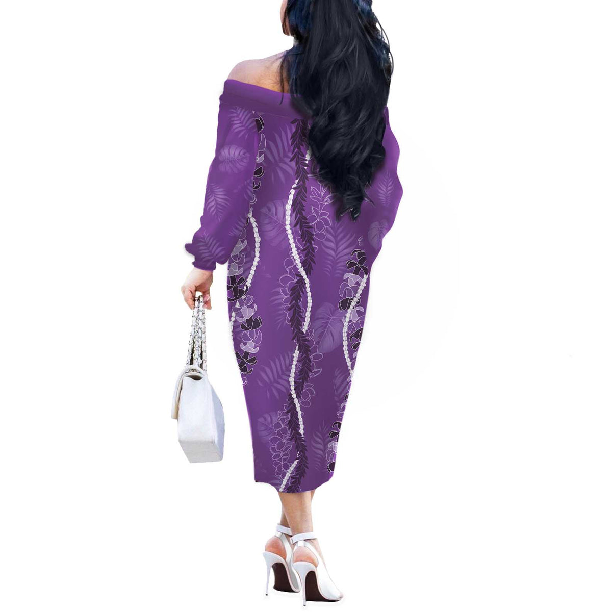 Hawaii Maile Lei Off The Shoulder Long Sleeve Dress With Violet Monstera Pattern LT05 - Polynesian Pride