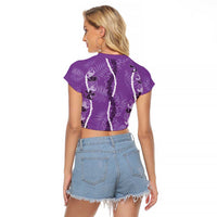 Hawaii Maile Lei Raglan Cropped T Shirt With Violet Monstera Pattern LT05 - Polynesian Pride