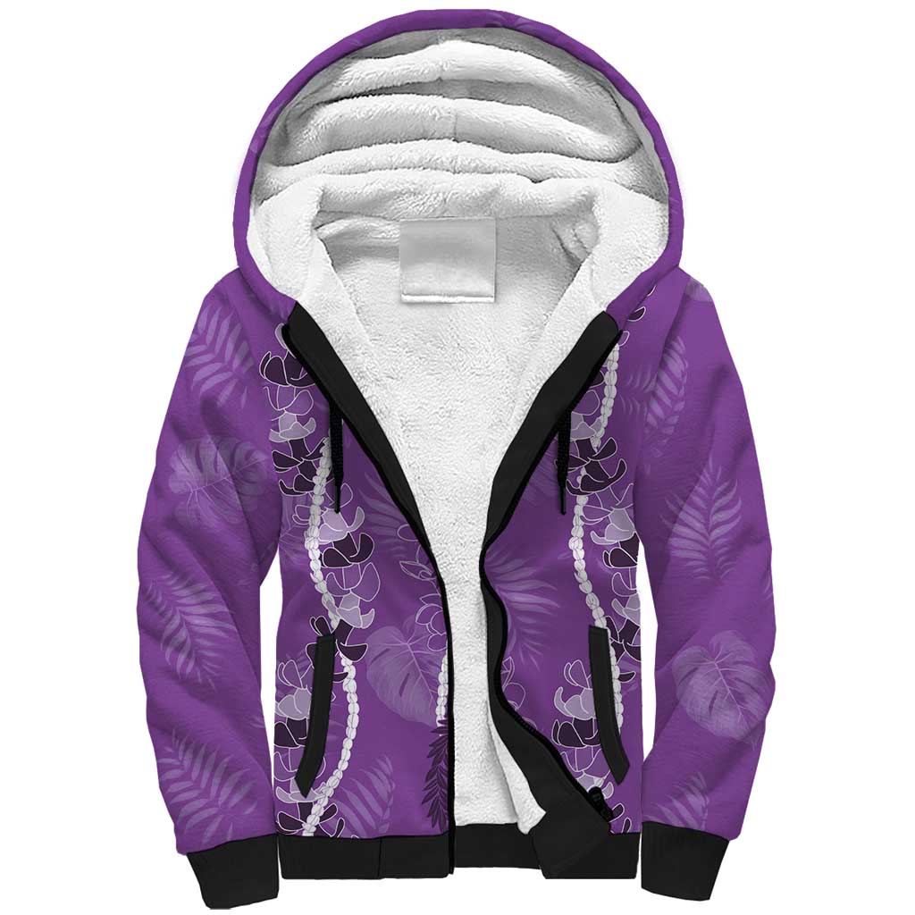 Hawaii Maile Lei Sherpa Hoodie With Violet Monstera Pattern LT05 Unisex Violet - Polynesian Pride
