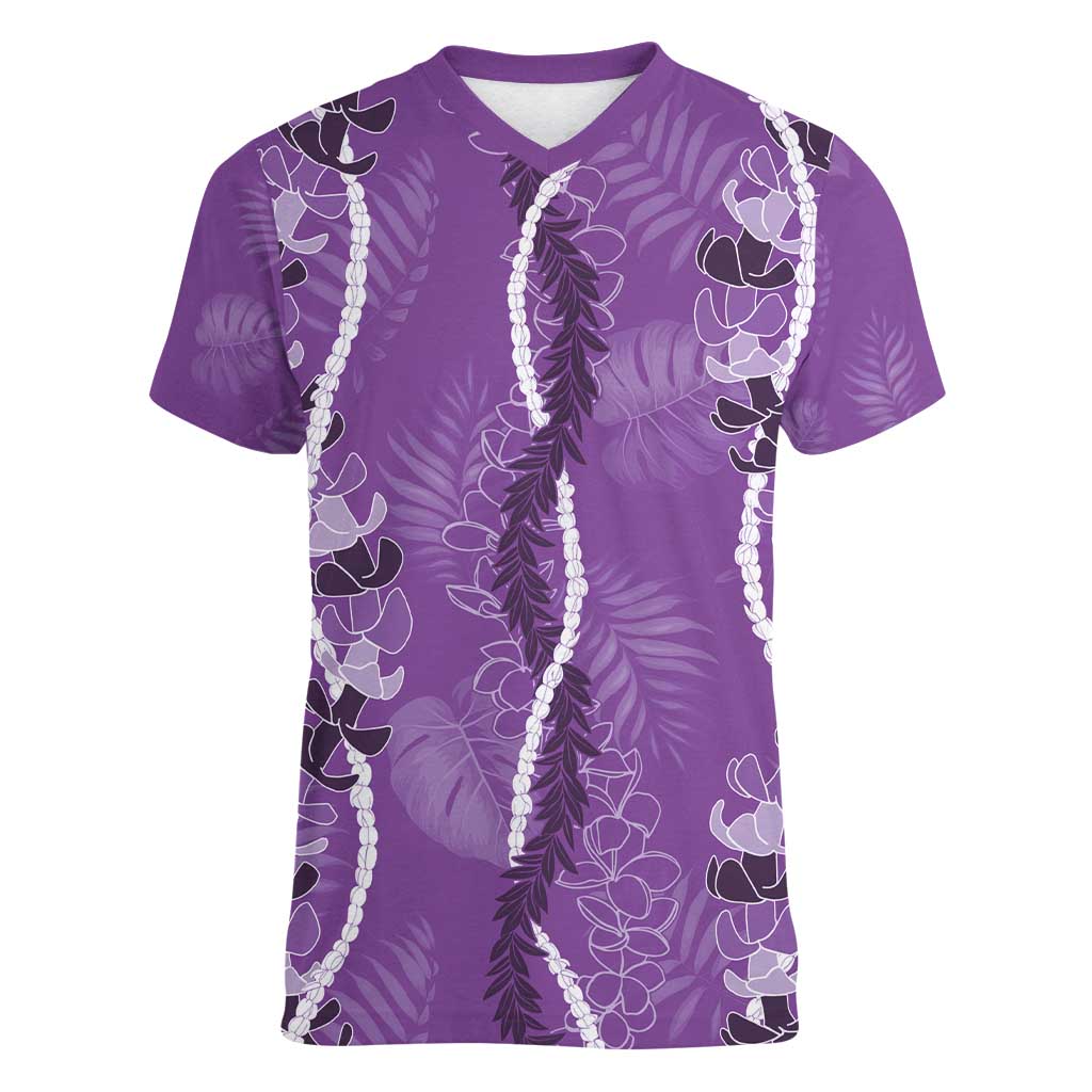 Hawaii Maile Lei Women V-Neck T-Shirt With Violet Monstera Pattern LT05 Female Violet - Polynesian Pride