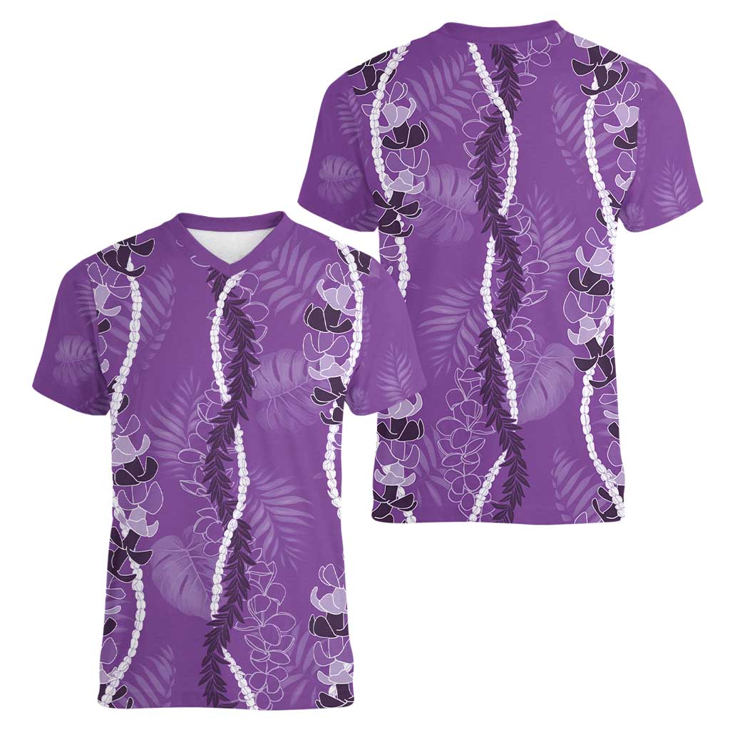 Hawaii Maile Lei Women V-Neck T-Shirt With Violet Monstera Pattern LT05 - Polynesian Pride