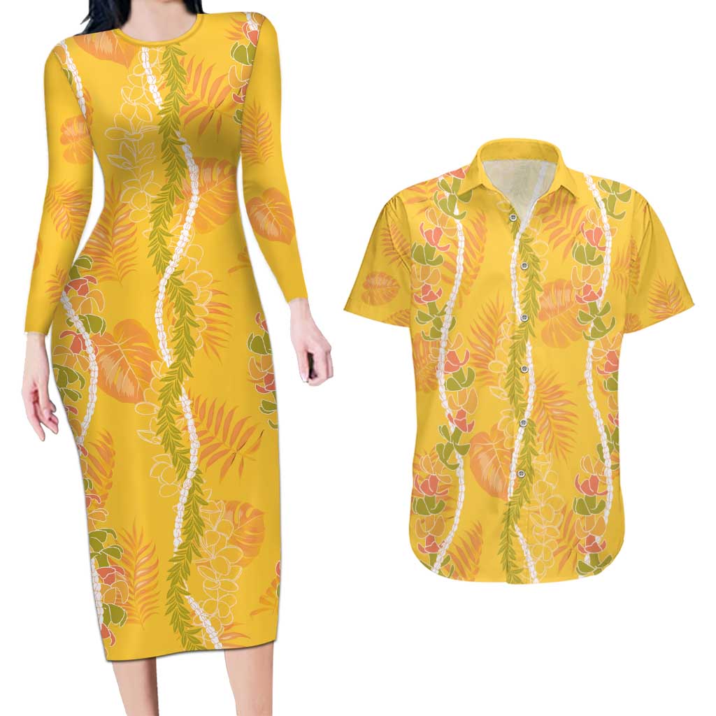 Hawaii Maile Lei Couples Matching Long Sleeve Bodycon Dress and Hawaiian Shirt With Yellow Monstera Pattern LT05 Yellow - Polynesian Pride