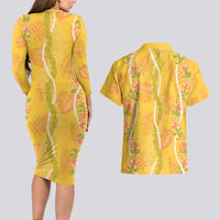 Hawaii Maile Lei Couples Matching Long Sleeve Bodycon Dress and Hawaiian Shirt With Yellow Monstera Pattern LT05 - Polynesian Pride