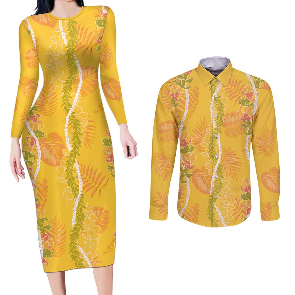 Hawaii Maile Lei Couples Matching Long Sleeve Bodycon Dress and Long Sleeve Button Shirt With Yellow Monstera Pattern LT05 Yellow - Polynesian Pride