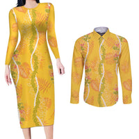 Hawaii Maile Lei Couples Matching Long Sleeve Bodycon Dress and Long Sleeve Button Shirt With Yellow Monstera Pattern LT05 Yellow - Polynesian Pride