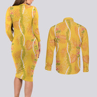 Hawaii Maile Lei Couples Matching Long Sleeve Bodycon Dress and Long Sleeve Button Shirt With Yellow Monstera Pattern LT05 - Polynesian Pride