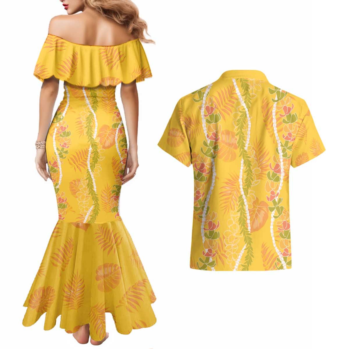 Hawaii Maile Lei Couples Matching Mermaid Dress and Hawaiian Shirt With Yellow Monstera Pattern LT05 - Polynesian Pride