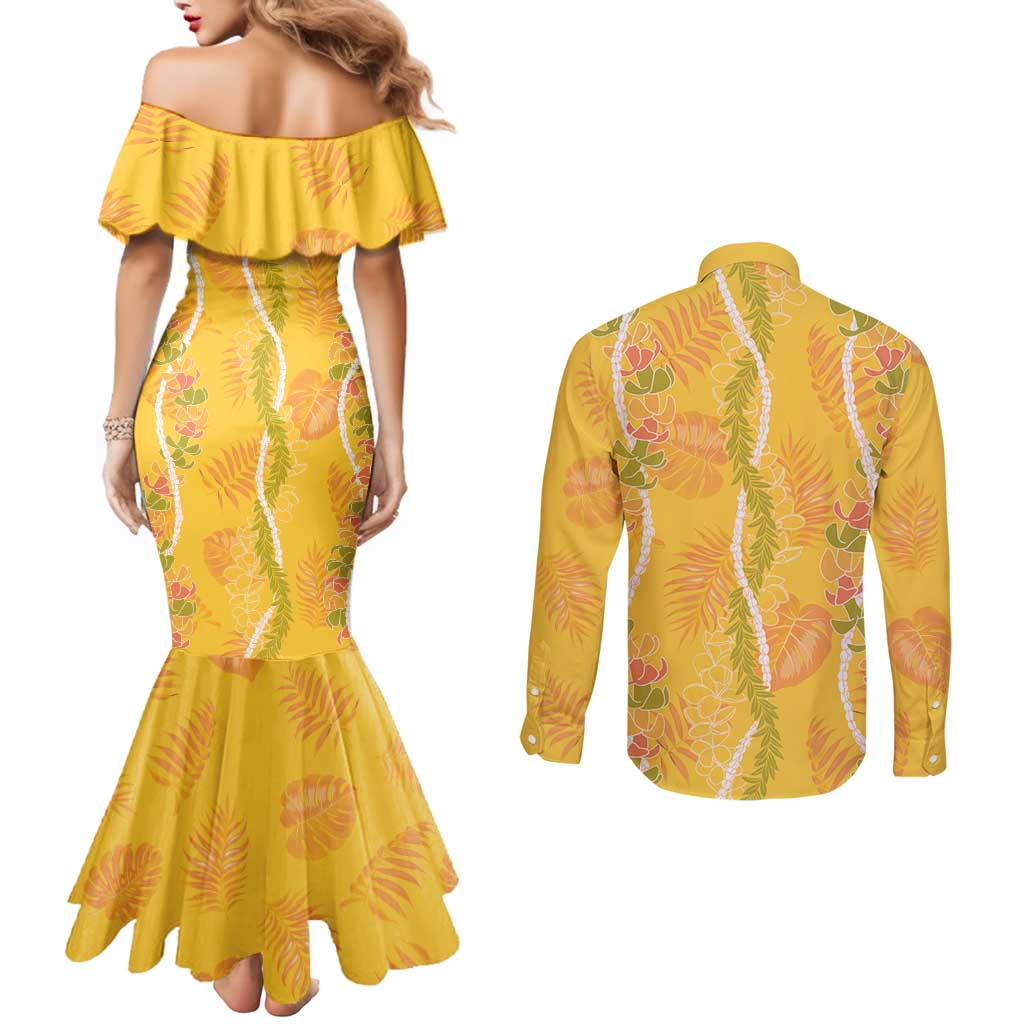 Hawaii Maile Lei Couples Matching Mermaid Dress and Long Sleeve Button Shirt With Yellow Monstera Pattern LT05 - Polynesian Pride