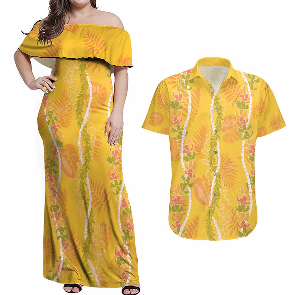 Hawaii Maile Lei Couples Matching Off Shoulder Maxi Dress and Hawaiian Shirt With Yellow Monstera Pattern
