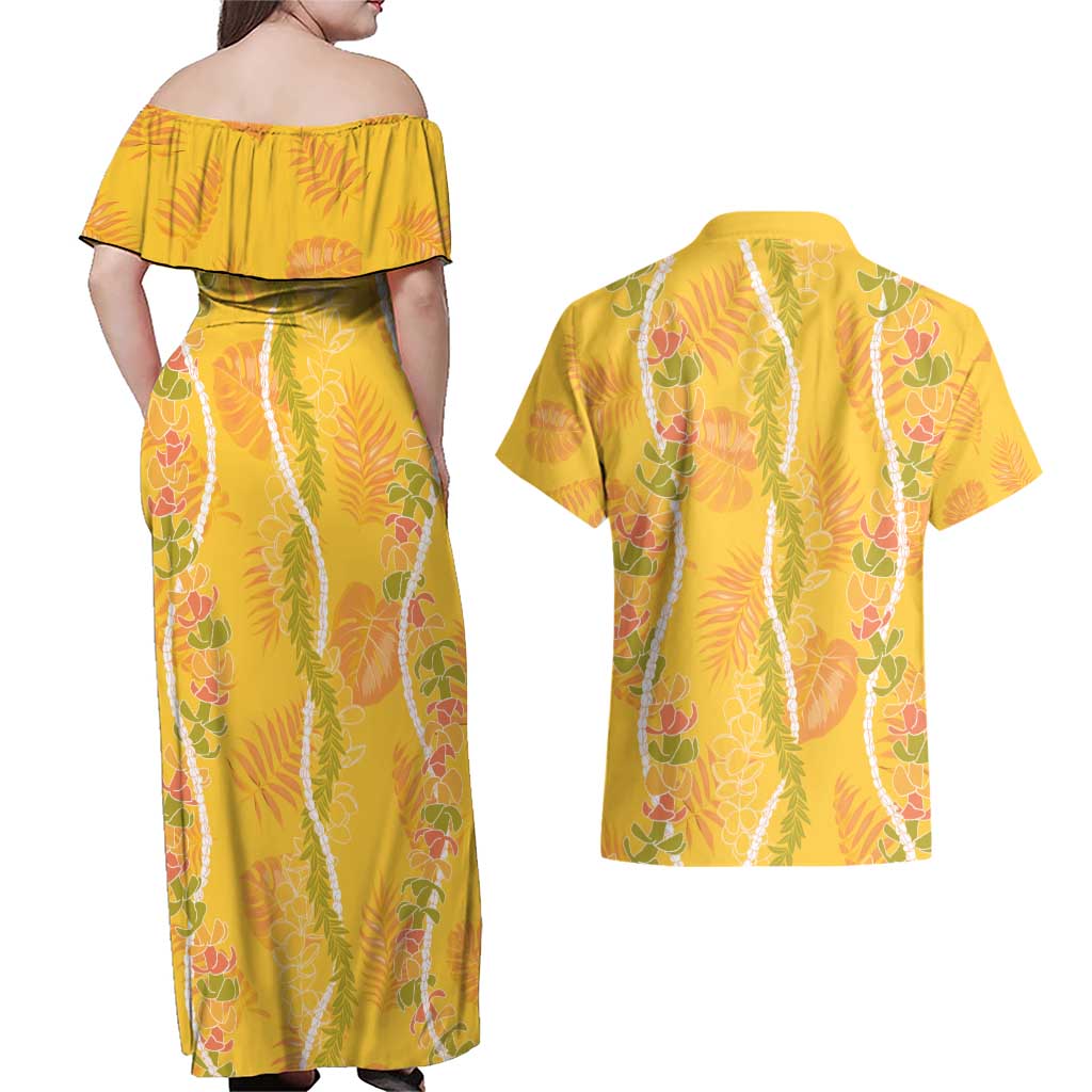 Hawaii Maile Lei Couples Matching Off Shoulder Maxi Dress and Hawaiian Shirt With Yellow Monstera Pattern LT05 - Polynesian Pride