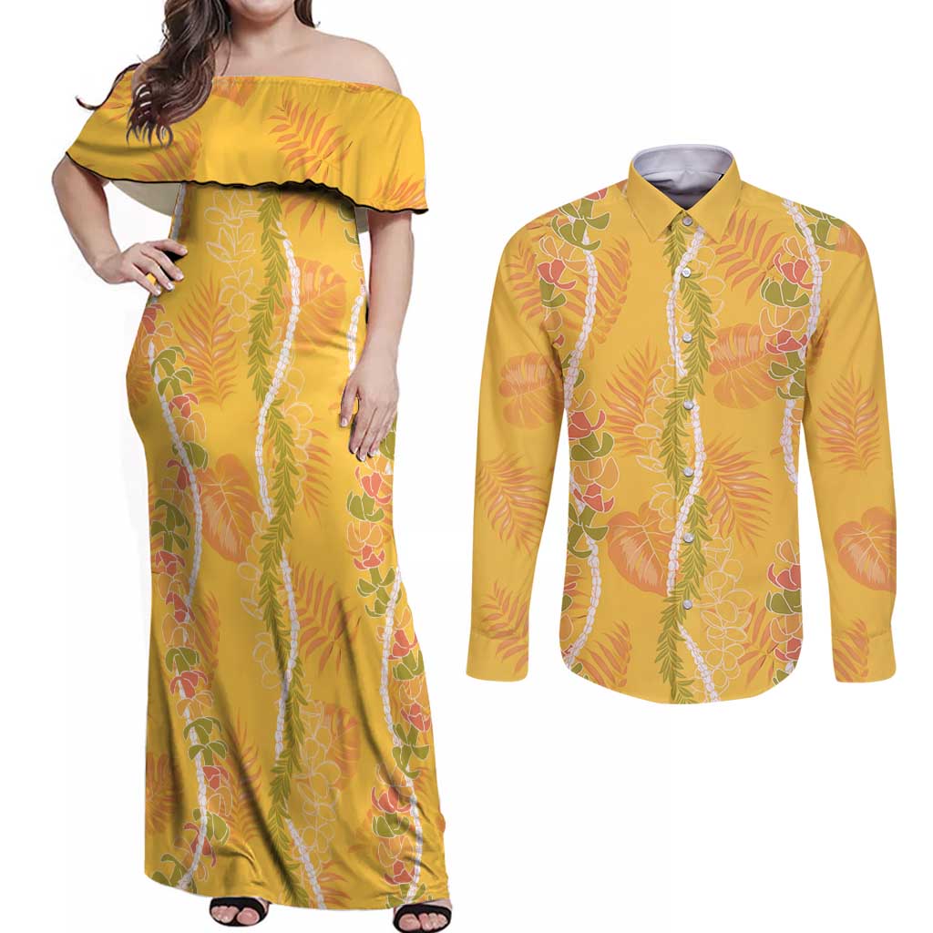 Hawaii Maile Lei Couples Matching Off Shoulder Maxi Dress and Long Sleeve Button Shirt With Yellow Monstera Pattern LT05 Yellow - Polynesian Pride