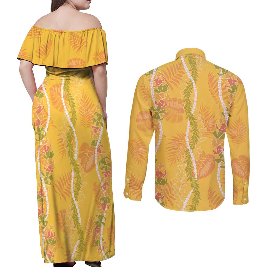 Hawaii Maile Lei Couples Matching Off Shoulder Maxi Dress and Long Sleeve Button Shirt With Yellow Monstera Pattern LT05 - Polynesian Pride