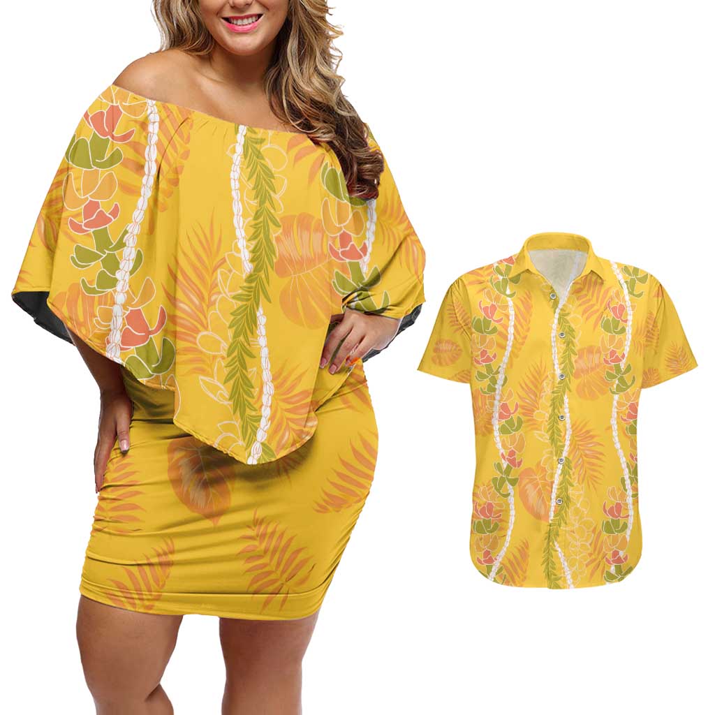 Hawaii Maile Lei Couples Matching Off Shoulder Short Dress and Hawaiian Shirt With Yellow Monstera Pattern LT05 Yellow - Polynesian Pride
